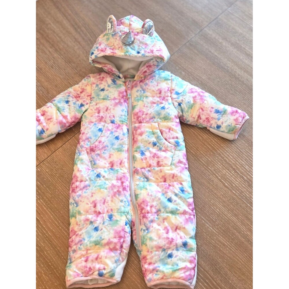 Wippette Baby Girls Unicorn Snowsuit 12M Tie Dye Hooded Bunting Fleece Lined
